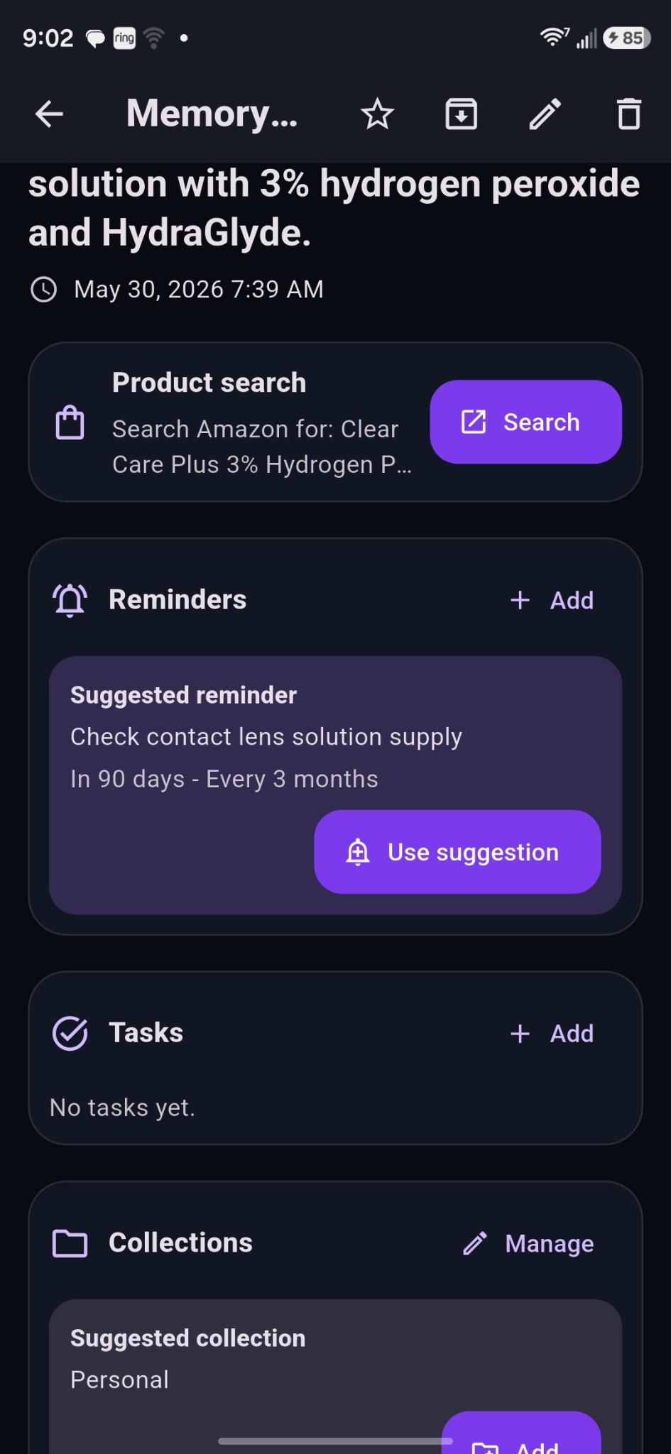 Memivio AI suggested reminder, tasks, and collection options