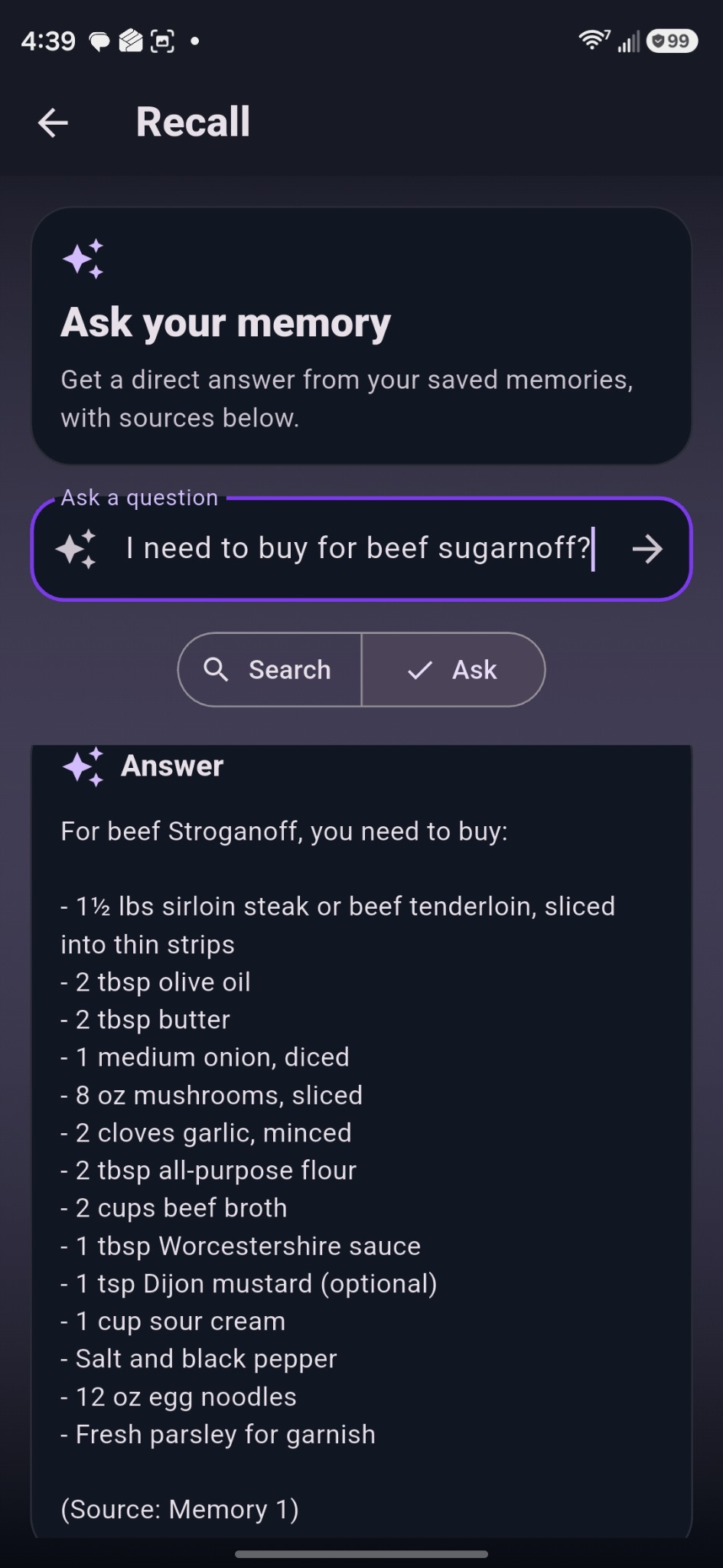 Memivio Ask AI results showing what to buy for beef Stroganoff from a saved recipe memory