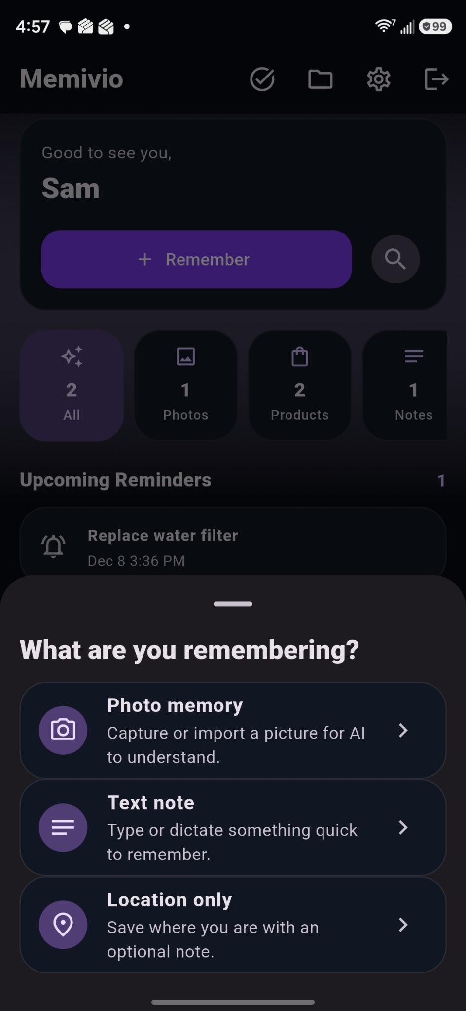 Memivio memory type picker showing photo memory, text note, and location only options