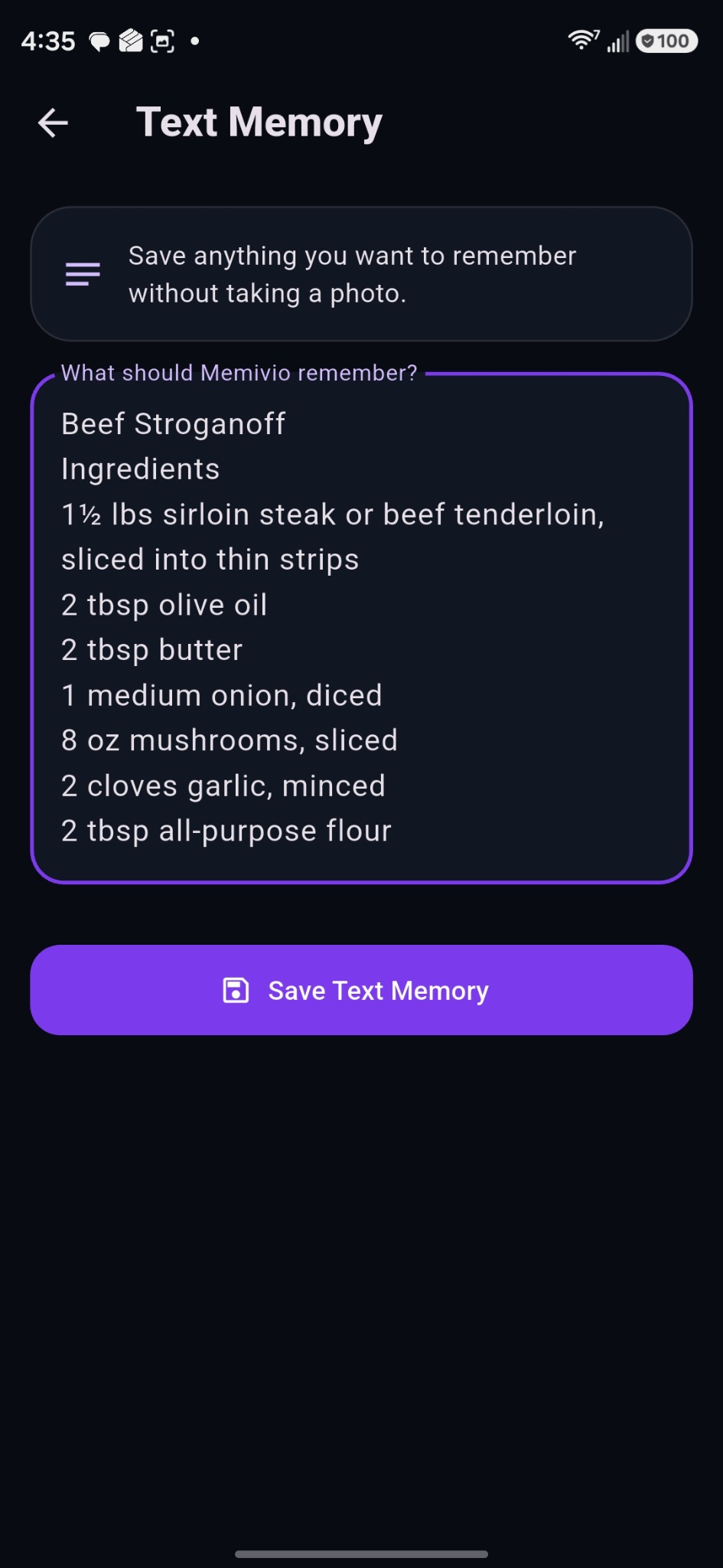 Memivio text memory screen saving a beef Stroganoff recipe