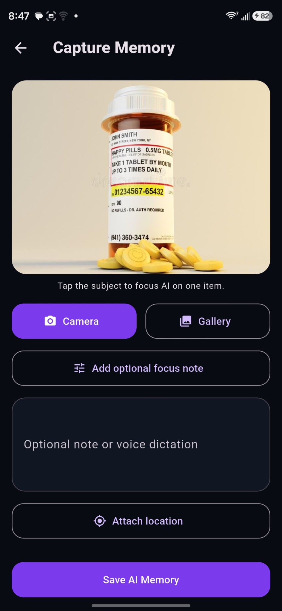 Memivio capture memory screen with camera, gallery, note, location, and save AI memory button