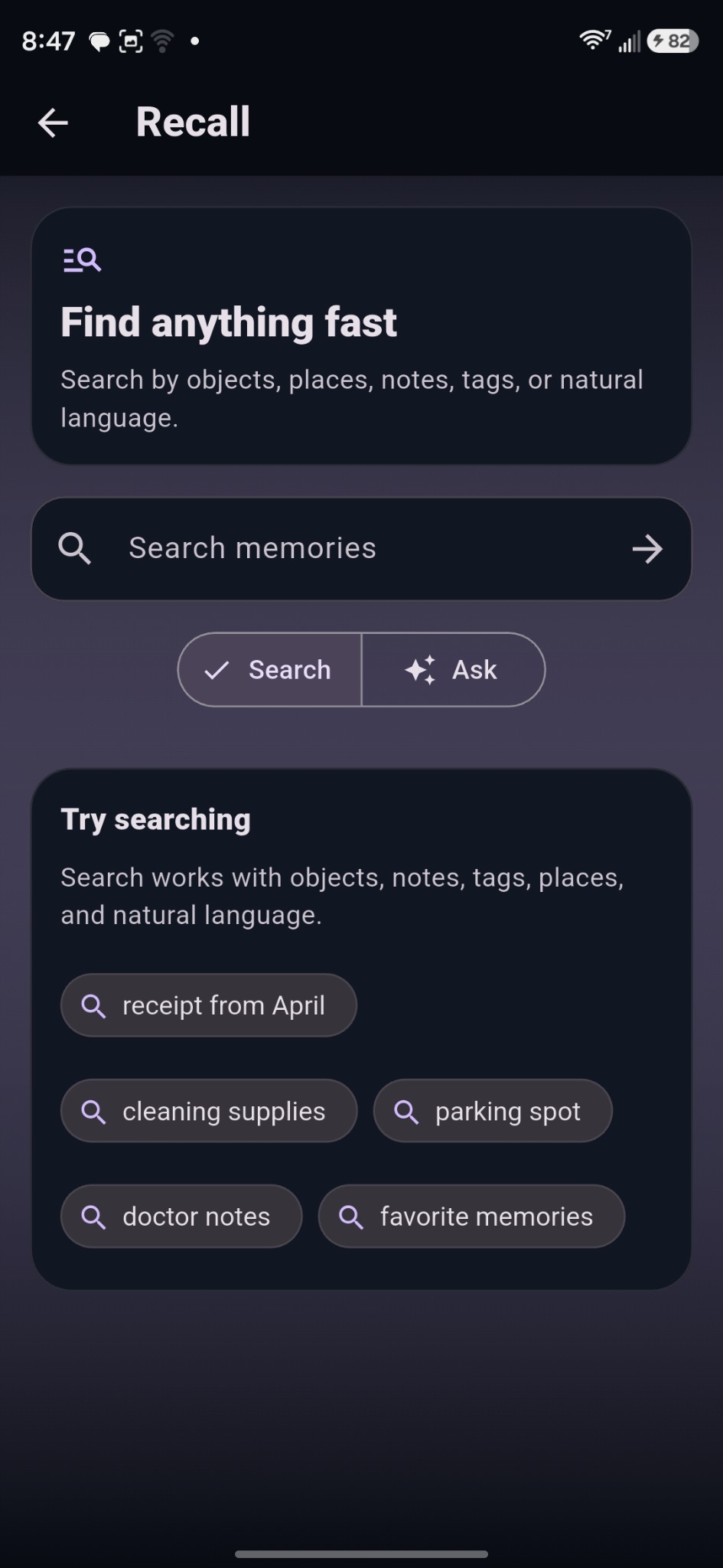 Memivio Recall screen showing natural language memory search examples